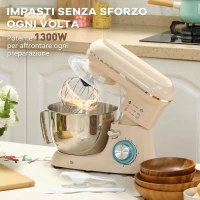 HOMCOM Impastatrice Planetaria da 4.5L a 6 Velocità in Acciaio Inox, Plastica e Alluminio, 35x22x29 cm, Beige e Argento(m-4)
