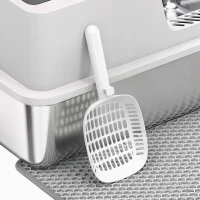 PawHut Bac Litière pour Chat en INOX Couvercle Bords Hauts Pelle et Tapis Anti-Adhérent Anti-Odeurs 60x40x30cm Gris Clair(m-7)