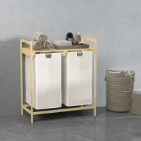 HOMCOM Panier à linge en bambou 2 paniers amovibles et coulissants en non-tissé 63,5 x 33 x 73 cm crème(m-2)