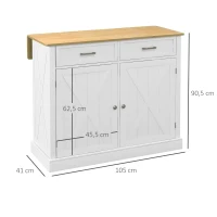 HOMCOM Isla de Cocina Carro de Cocina con Encimera de Madera Plegable 2 Puertas 2 Cajones Estante Ajustable y 4 Ruedas 105x60x90,5 cm Blanco(m-3)