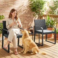 Outsunny Conjunto de Muebles de Jardín de Ratán Sintético con 2 Sillas con Cojines y Mesa con Tablero de Vidrio Gris(m-10)