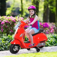 HOMCOM Moto Eléctrica Infantil Coche Triciclo Vespa Scooter Eléctrico a Batería con Luz MP3 USB Bocina para Niños Más de 3 Años Carga 25kg Rojo(m-10)