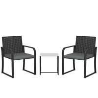 Outsunny Conjunto de Muebles de Jardín de Ratán Sintético con 2 Sillas con Cojines y Mesa con Tablero de Vidrio Gris(m-1)