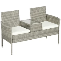 Outsunny Divanetto per Esterni 2 Posti con Tavolino da Caffè, in Acciaio e Rattan PE, 137x59x82 cm, Grigio e Crema(m-1)