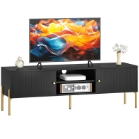 HOMCOM Meuble TV pour Télévision jusqu'à 65", Portes Cannelées, Compartiments Ouverts, Pieds Acier, 140 x 38 x 45,9 cm, Noir(m-12)