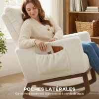 HOMCOM Fauteuil à bascule, rocking chair en flanelle neige rembourré, coussin lombaire, dossier haut, poches latérales, crème(m-8)