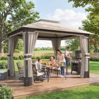 Outsunny Gazebo da Giardino 3x3.6 m con Doppio Tetto, Tende e Zanzariera, in Metallo e Poliestere Cachi(m-2)