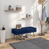 HOMCOM Banco Baú de Arrumação 2 em 1 Assento Efeito Veludo e Pés de Aço 100x37,5x42 cm Azul e Dourado(m-2)