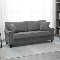HOMCOM Sofá de 3 Plazas con Tachuelas Oro Envejecido Tapizado en Poliéster con 2 Cojines Decorativos 196x80,5x89 cm Gris(m-10)