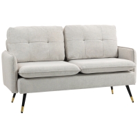 HOMCOM Divano 2 Posti in Tessuto Effetto Lino con Gambe in Acciaio e Cuscini Imbottiti, 139x68x80 cm, Bianco Crema