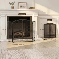 HOMCOM Pare-feu de Cheminée Pliable 3 Panneaux, 2 Portes, Style Moderne, Pare-Étincelles Cheminée en Métal, 122x10x75cm, Noir(m-3)