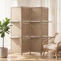 HOMCOM Séparateur de pièces 4 panneaux 2 étagères pliables naturel paille(m-2)