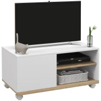 HOMCOM Meuble TV sur roulettes avec 2 Freins - 2 niches + Placard Porte 2 Passe-Fil - en bois Blanc chêne Clair(m-11)