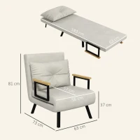 HOMCOM Fauteuil convertible 4 en 1 lit 1 place dossier 5 positions, accoudoirs en bois et coussin, tissu effet velours, crème(m-3)