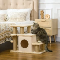 PawHut Escada para Animais Arranhador 4 Degraus Bola de Brinquedo Casinha Altura Ajustável 60x40x66 cm Bege(m-6)