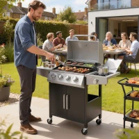 Outsunny 4+1 Burner Gas BBQ Grill with Side Burner, 14.5 kW Steel Portable Gas Barbecue Grill with Built-in Thermometer, Lid(m-2)