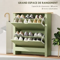 HOMCOM Meuble à chaussures 12 paires, armoire à chaussures étroite avec 2 tiroirs rabattables et étagères réglables, vert(m-4)