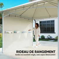Outsunny Gazebo da Giardino 3x3 m in Metallo con Tende, Tasche Portaoggetti e Gancio a Soffitto, Bianco Crema(m-5)