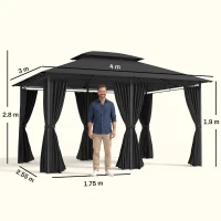 Outsunny 3 x 4m Steel Gazebo, with Curtains - Black(m-3)