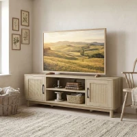 HOMCOM Meuble TV 135 cm, meuble télé pour téléviseur jusqu'à 65 pouces avec 2 portes en rotin, 2 compartiments ouverts, chêne(m-11)