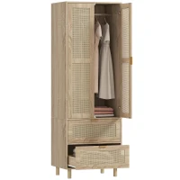 HOMCOM Armoire chambre penderie avec 2 portes en rotin, 2 tiroirs et barre de suspension, 63 x 47 x 185 cm, bois naturel(m-11)