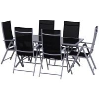 Outsunny Set Mobili da Giardino un Tavolo con 6 Sedie Pieghevoli Schienale Reclinabile a 7 Livelli Struttura Verniciata a Polvere Antiruggine Nero  Argento Alluminio Tessuto a Rete Vetro(m-1)