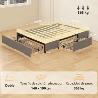 HOMCOM Cama Doble 140x190 cm Somier con 3 Cajones y Estructura de Metal Carga 363 kg Gris(m-3)