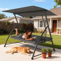 Outsunny Outdoor 2-in-1 Swing Chair Lounger 3 Seater Garden Swing Seat Bed Convertible Tilt Canopy W/ Cushion, Dark Grey(m-2)