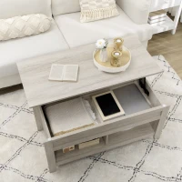 HOMCOM Lift Top Coffee Table w/ Hidden Storage Compartment Open Shelves Lift Tabletop Pop Up Centre Table for Living Room Oak Effect(m-8)