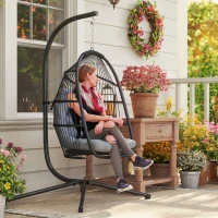Outsunny Rattan Hanging Egg Chair with Stand, Foldable Wicker Swing Egg Chair with Cushion, Head Pillow, Steel Frame, Hammock Chair for Indoor Outdoor, Capacity 150 kg, Dark Grey(m-10)