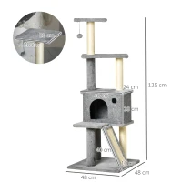 PawHut Albero Tiragraffi Multilivello con Casetta, Scala, Pallina e Pali in Sisal, 48x48x125 cm, Grigio(m-3)