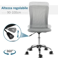 Vinsetto Sedia da Ufficio Ergonomica Senza Braccioli in Tessuto a Rete, Altezza Regolabile e 5 Ruote, Grigio(m-5)