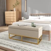 HOMCOM Banc banquette coffre de rangement 2 en 1 assise capitonnée et pieds acier 110 x 44 x 48 cm beige et doré(m-10)