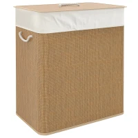 HOMCOM Cesto de Ropa Sucia de Bambú con 2 Compartimentos Asas para Facilitar el Uso y Bolsas Desmontables Lavables 52x32x63 cm(m-11)