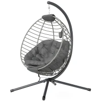 Outsunny PE Rattan Swing Chair, Outdoor Hanging Chair with Metal Stand, Thick Padded Cushion, Foldable Basket and Cup Holder, for Indoor and Outdoor, Grey(m-10)