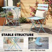 Outsunny Folding Garden Bistro Set, Outdoor Round Bistro Table and Chairs Set 2 with Electrophoresis Metal Frame, Light Blue(m-8)