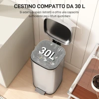HOMCOM Bidone Immondizia a Pedale da 30L con Secchio Rimovibile, in Metallo e PP, 29x36x59.5 cm, Argento(m-4)
