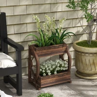 Outsunny Jardinieră din Lemn pentru Exterior pe 2 Niveluri cu 3 Ghivece și Roți de Car în Stil Rustic, 55x32x56cm(m-10)