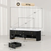 HOMCOM Móvel TV 140 cm Móvel para TV 165 cm Efeito Mármore com 3 Gavetas Frentes Caneladas 2 Prateleiras Preto(m-3)
