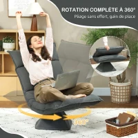 HOMCOM Chaise de sol pivotante à 360°, fauteuil pliable en velours avec dossier réglable 5 positions, 70x62x95cm, gris foncé(m-4)