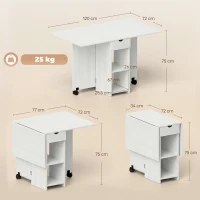 HOMCOM Mesa de Cocina Plegable con Ruedas Alas Abatibles Cajón y Estantes para 2-4 Personas 120x72x75 cm Blanco(m-3)