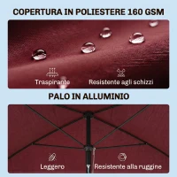 Outsunny Ombrellone da Giardino Rettangolare e Regolabile con Palo in Alluminio, 2x1.3x2.5 m, Rosso Vino(m-4)