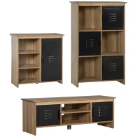HOMCOM Ensemble Buffet Bibliothèque et Meuble TV Industriel 2 Passe-Fils Multi-rangement Aspect Bois veinage Portes métal Noir(m-1)