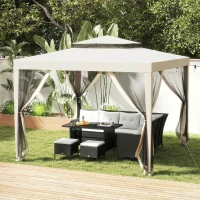 Outsunny Carpa de Jardín 3x3 m Cenador Gazebo con 4 Mosquiteras Laterales Techo Doble 8 Orificios de Drenaje Marco de Metal Beige(m-10)
