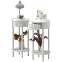 HOMCOM Set 2 Noptiere cu Sertar și Raft din Lemn Stil Contemporan, Ø35.5 x 71 cm, Alb(m-12)