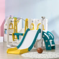 AIYAPLAY 6-in-1 Swing and Slide Set, Kids Playground with Basketball Hoop, Telescope, Storage Space - Yellow(m-11)
