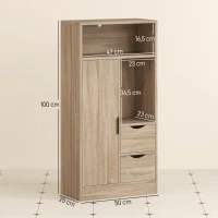 HOMCOM Meuble de salle de bain, meuble de rangement étroit avec 2 tiroirs, compartiments ouverts, 50x25x100cm, bois naturel(m-3)