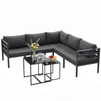 Outsunny Set de grădină 7 piese din oțel și poliester cu 5 scaune cu perne și 2 mese de cafea, gri(m-12)