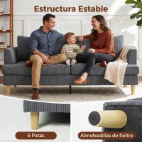 HOMCOM Sofá de 3 Plazas Tapizado en Pana Acolchado Grueso de Muelles Asiento Ancho 2 Almohadas 188x80x86 cm Gris Oscuro(m-6)