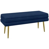 HOMCOM Banco Baú de Arrumação 2 em 1 Assento Efeito Veludo e Pés de Aço 100x37,5x42 cm Azul e Dourado(m-1)